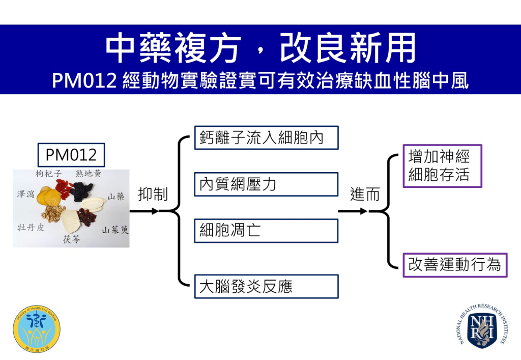 中藥複方改良新用，PM012 經動物實驗證實可有效治療缺血性中風。(國家衛生研究院提供)